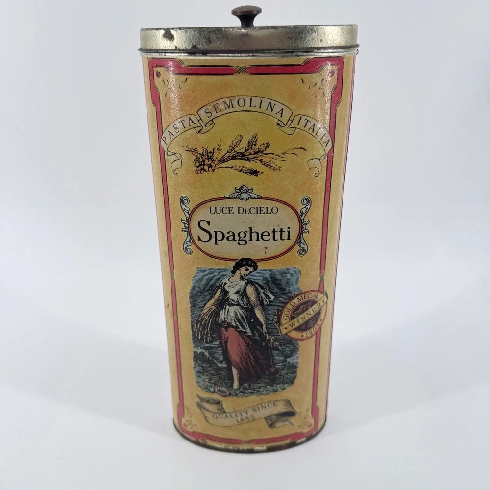 Bristolware Spaghetti Tin Luce DeCielo Pasta Canister Metal Cream Vintage 11x5